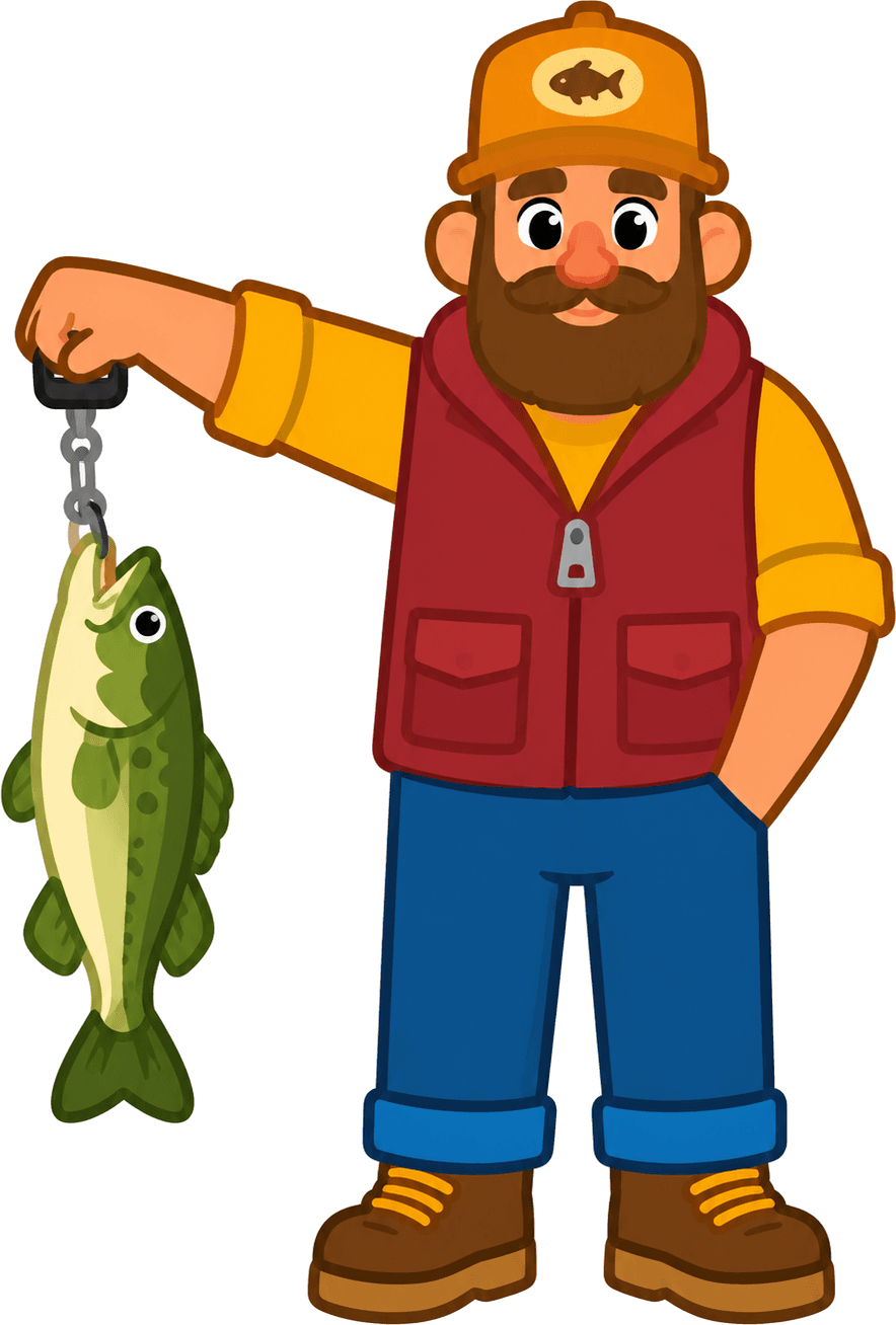 Cartoon fisherman proudly holding a large fish